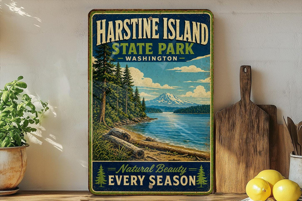 A vintage-style sign for Harstine Island State Park in Washington, featuring a scenic landscape with a mountain, pine trees, and a lake.