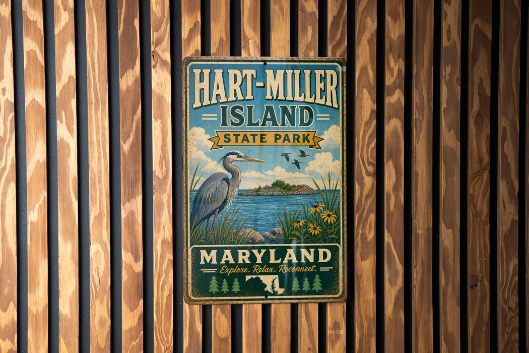 A vintage metal sign for Hart-Miller Island State Park in Maryland, featuring a blue heron and a scenic landscape.