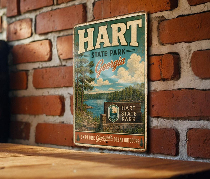 A vintage metal sign for Hart State Park in Georgia, featuring a scenic landscape with a lake and trees, mounted on a brick wall.