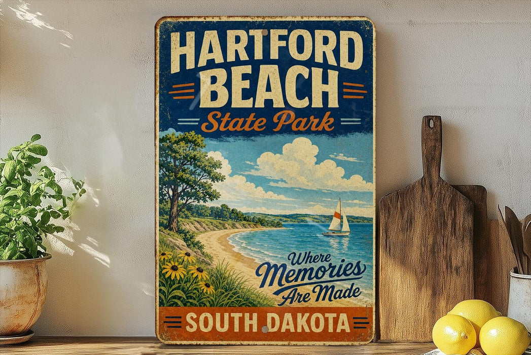 A vintage-style sign for Hartford Beach State Park in South Dakota, featuring a scenic illustration of a beach, sailboat, and mountains.