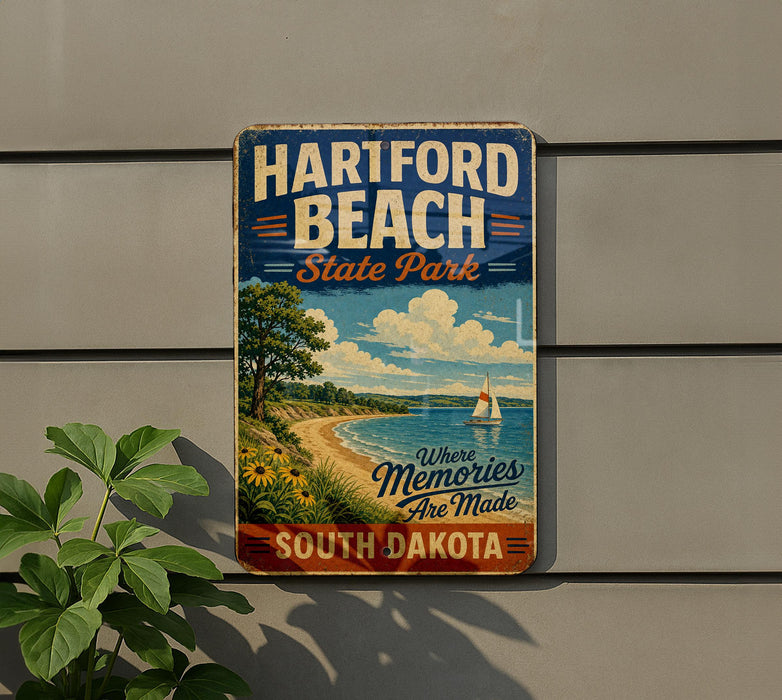 A vintage-style sign for Hartford Beach State Park in South Dakota, featuring a scenic landscape with a beach, sailboat, and mountains.