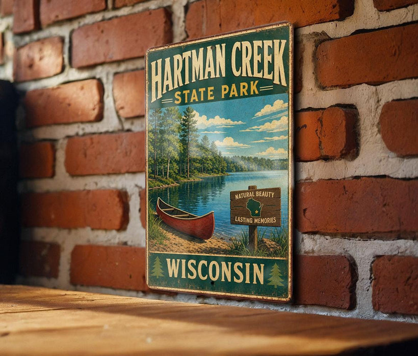A vintage-style metal sign for Hartman Creek State Park in Wisconsin, featuring a scenic image of a lake, canoe, and surrounding forest.