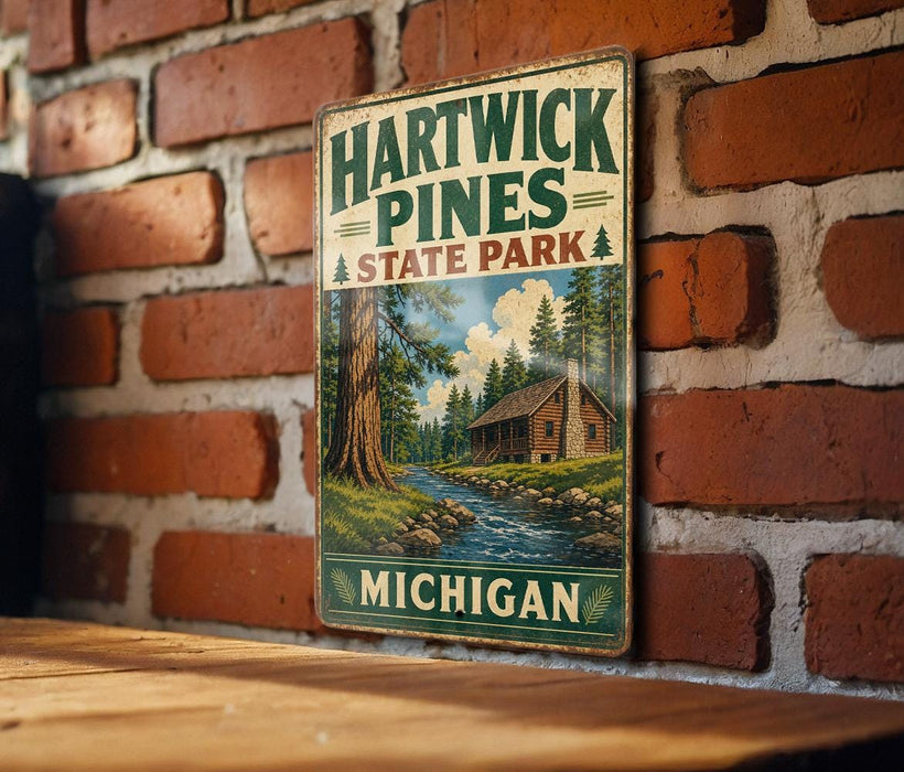 A vintage metal sign for Hartwick Pines State Park in Michigan, featuring a scenic illustration of a cabin and a river surrounded by pine trees.