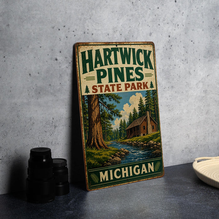 A vintage-style metal sign for Hartwick Pines State Park in Michigan, featuring a scenic illustration of a cabin and a river surrounded by pine trees.