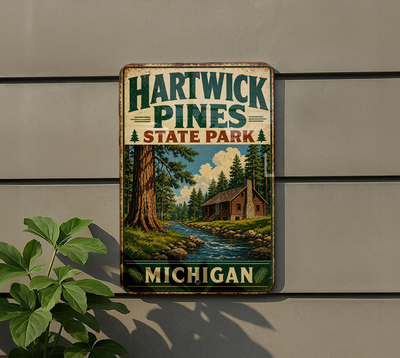 A vintage metal sign for Hartwick Pines State Park in Michigan, featuring a scenic illustration of a cabin and pine trees along a river.