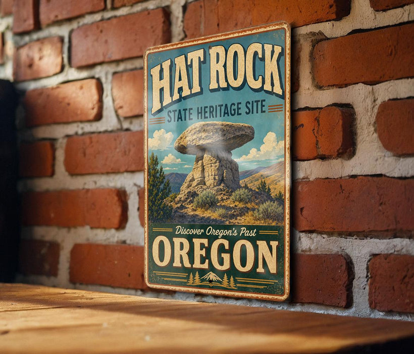 A vintage-style metal sign for the Hat Rock State Heritage Site in Oregon, featuring a large rock formation and the text "Discover Oregon's Past" and "Oregon".