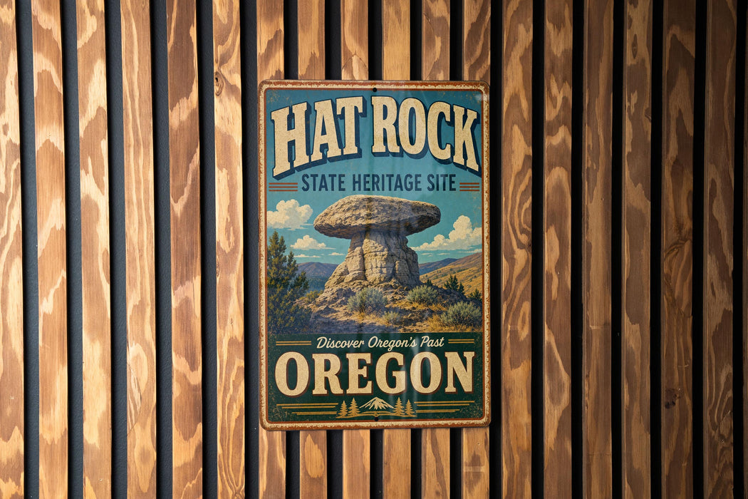 A vintage-style metal sign for the Hat Rock State Heritage Site in Oregon, featuring a large rock formation and the text "Discover Oregon's Past" and "Oregon".