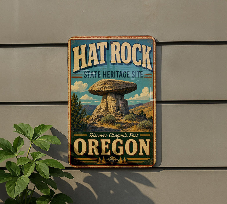 A vintage-style metal sign for the Hat Rock State Heritage Site in Oregon, featuring a large mushroom-shaped rock formation against a scenic background.