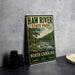 A vintage-style metal sign for Haw River State Park, featuring a scenic illustration of the river and surrounding landscape.
