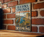 A vintage-style sign for the state recreation area of the Hawks Springs, with a scenic illustration of a mountain landscape and a bird.