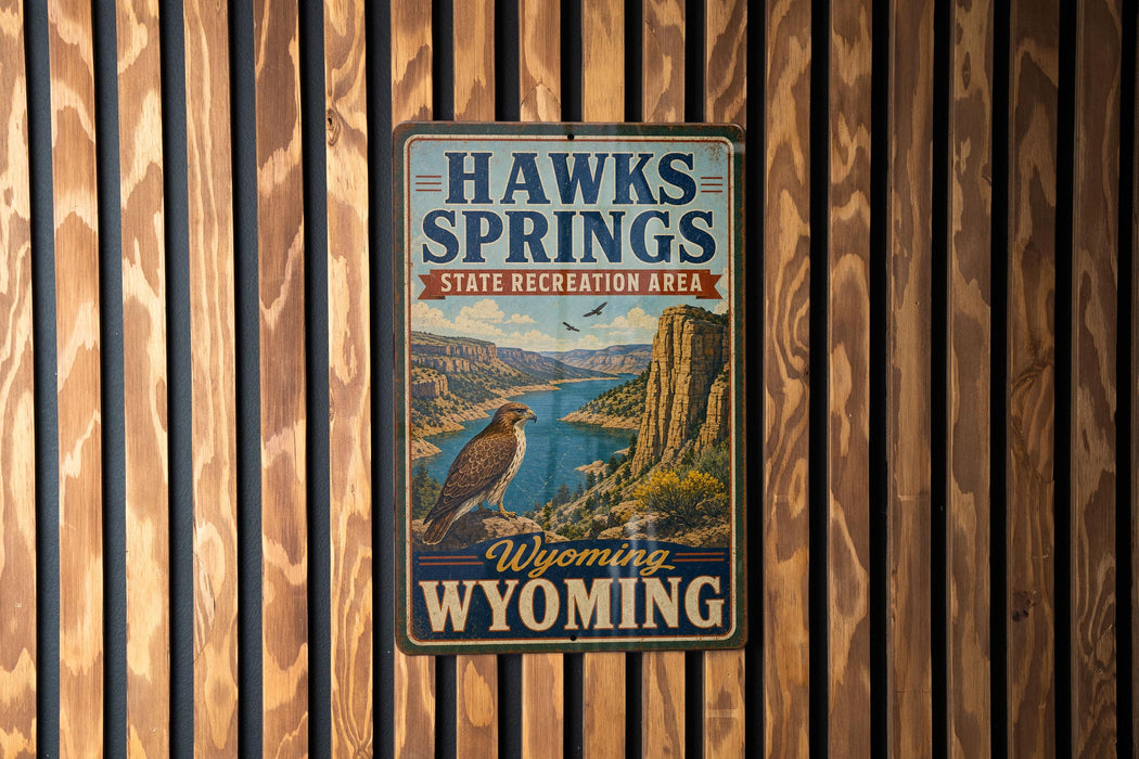A metal sign with the text "HAWKS SPRINGS STATE RECREATION AREA Wyoming" is displayed on a wooden wall.