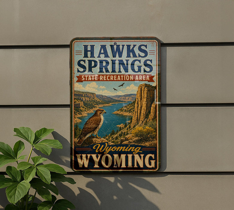 A vintage-style sign for the state recreation area of Hawks Springs, Wyoming, featuring a scenic landscape with a bird of prey and a river.