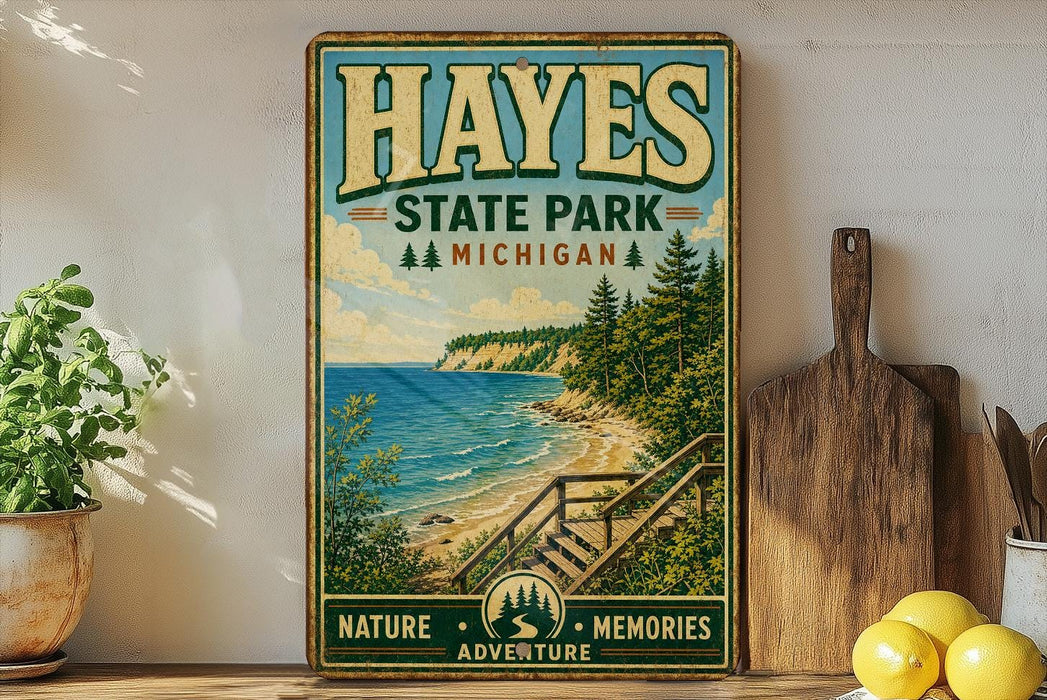 A vintage-style poster of Hayes State Park, Michigan, featuring a scenic coastal landscape with a wooden staircase leading to a cliff overlooking the ocean.