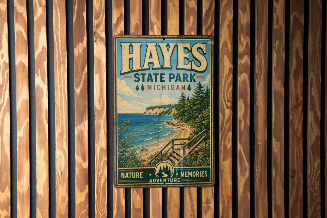 A vintage metal sign for Hayes State Park, Michigan, featuring a scenic landscape with a beach, mountains, and pine trees.
