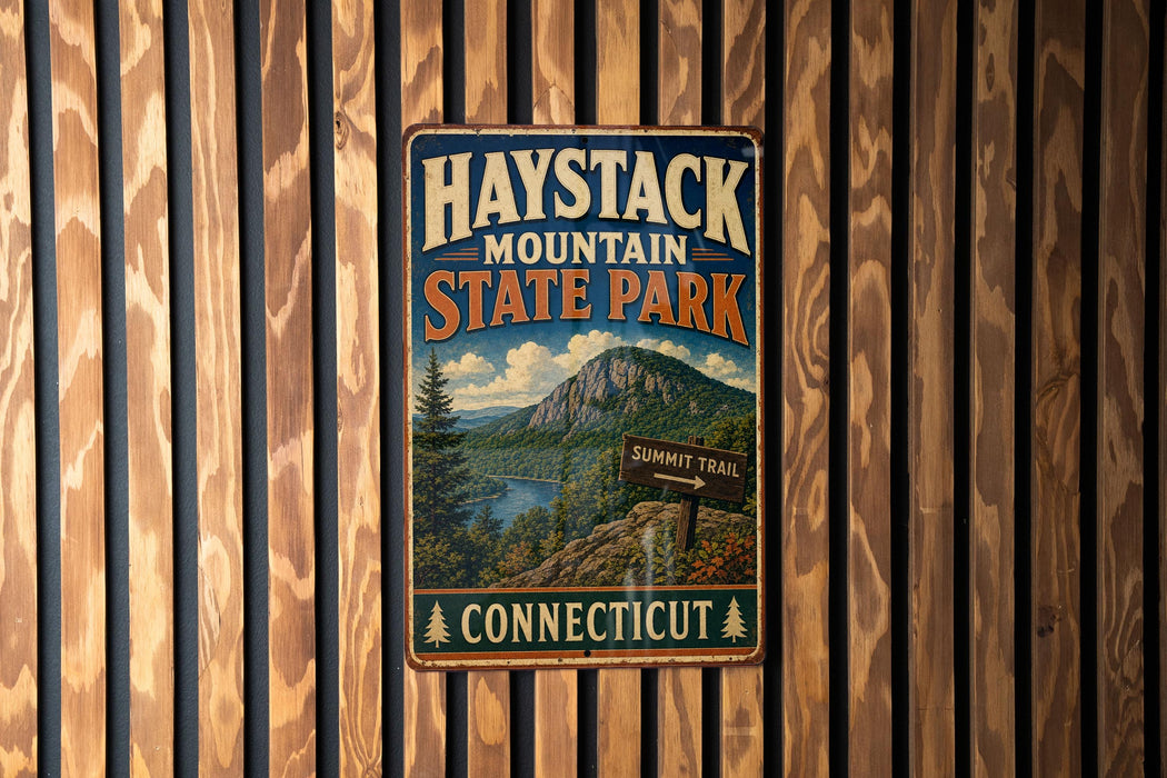 A vintage metal sign for Haystack Mountain State Park in Connecticut, featuring a scenic mountain landscape and trail information.