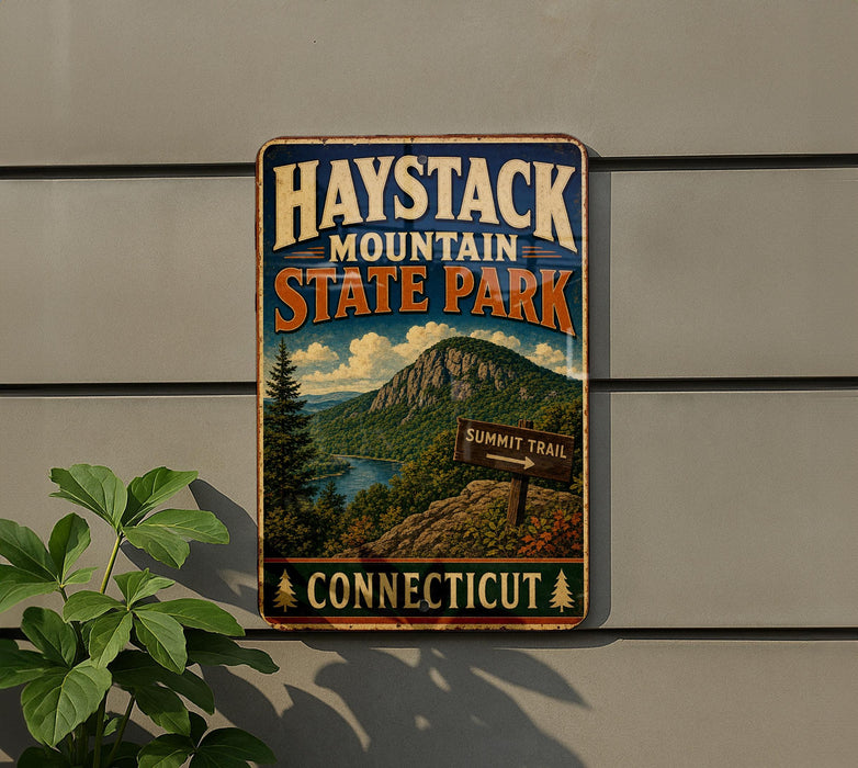 A vintage-style metal sign for Haystack Mountain State Park in Connecticut, featuring a scenic mountain landscape with a trail sign pointing to the summit trail.