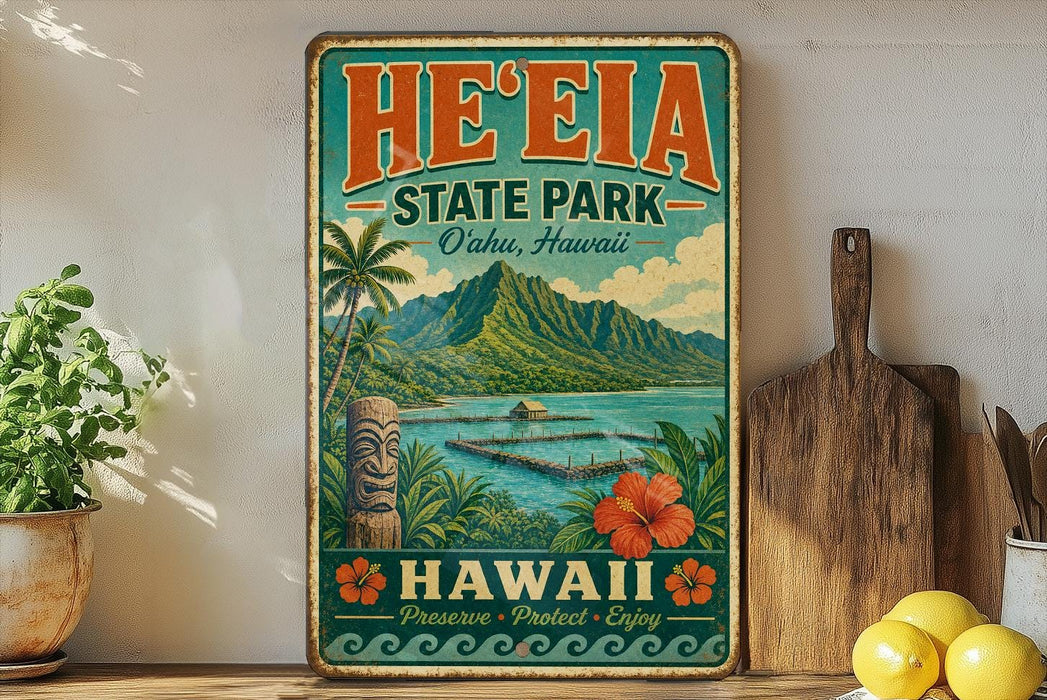 A vintage-style sign for He'e Eia State Park in Oahu, Hawaii, featuring a tropical landscape with mountains, palm trees, and a body of water.