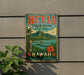 A vintage-style metal sign for He'eia State Park in Oahu, Hawaii, featuring a tropical landscape with palm trees, mountains, and a tiki statue.