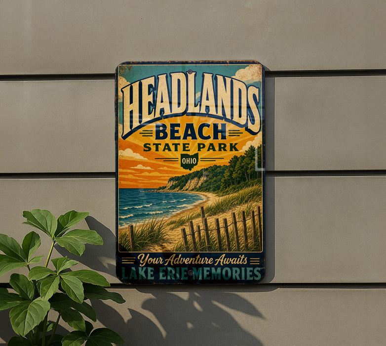 A vintage-style metal sign for Headlands Beach State Park in Ohio, featuring a scenic beach landscape with a sunset over the water.