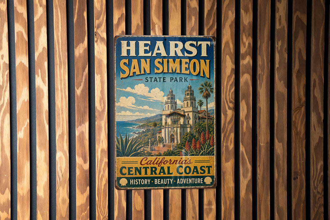 A vintage metal sign for Hearst San Simeon State Park, featuring a scenic illustration of a coastal town with palm trees and mountains.