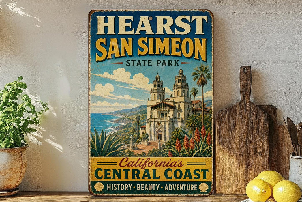 a vintage-style sign for San Simeon State Park, California's Central Coast, with a scenic illustration of the park's architecture and surrounding landscape.