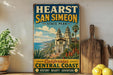 a vintage-style sign for San Simeon State Park, California's Central Coast, with a scenic illustration of the park's architecture and surrounding landscape.