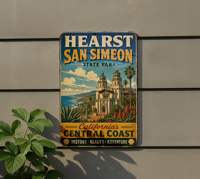 a vintage-style sign for San Simeon State Park, with a colorful illustration of a coastal town and buildings.