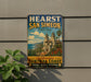 a vintage-style sign for San Simeon State Park, with a colorful illustration of a coastal town and buildings.