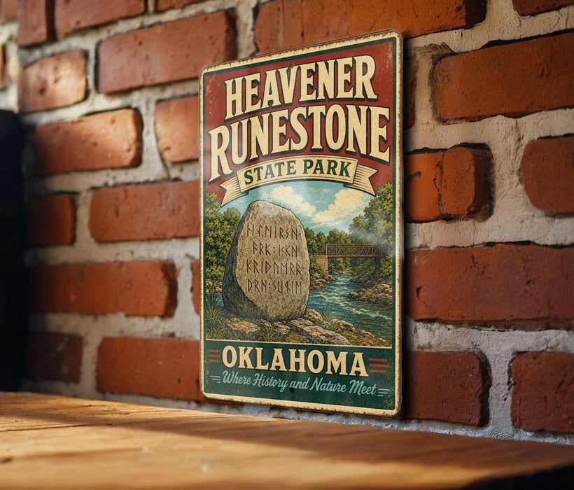 A vintage-style metal sign for Heavener Runestone State Park in Oklahoma, featuring a scenic illustration of a river and a large rock formation.