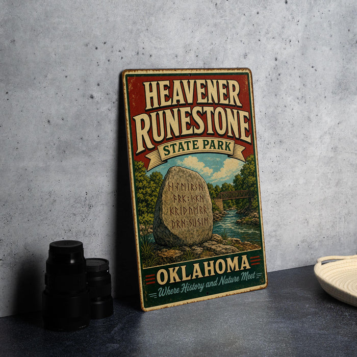 A vintage-style sign for "Heavener Runestone State Park" in Oklahoma, featuring a scenic image of a river and a large rock formation.