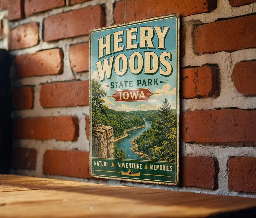 A vintage-style metal sign for Heery Woods State Park in Iowa, featuring a scenic landscape with a river and trees.