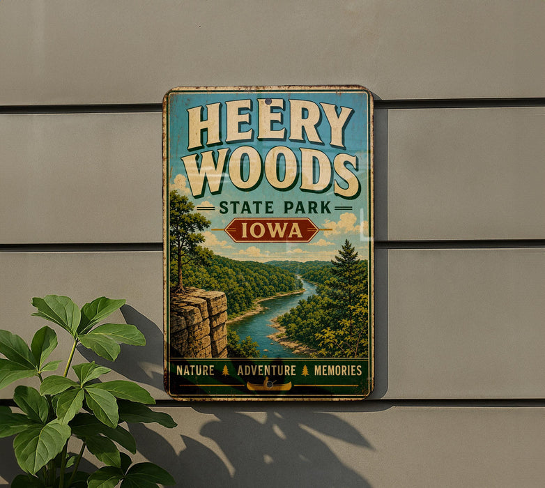 A vintage-style metal sign for Heery Woods State Park in Iowa, featuring a scenic landscape with a river and forest.