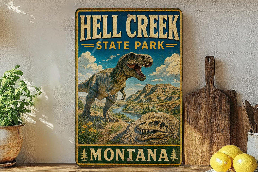 A vintage-style metal sign for Hell Creek State Park in Montana, featuring a dinosaur and a scenic landscape.