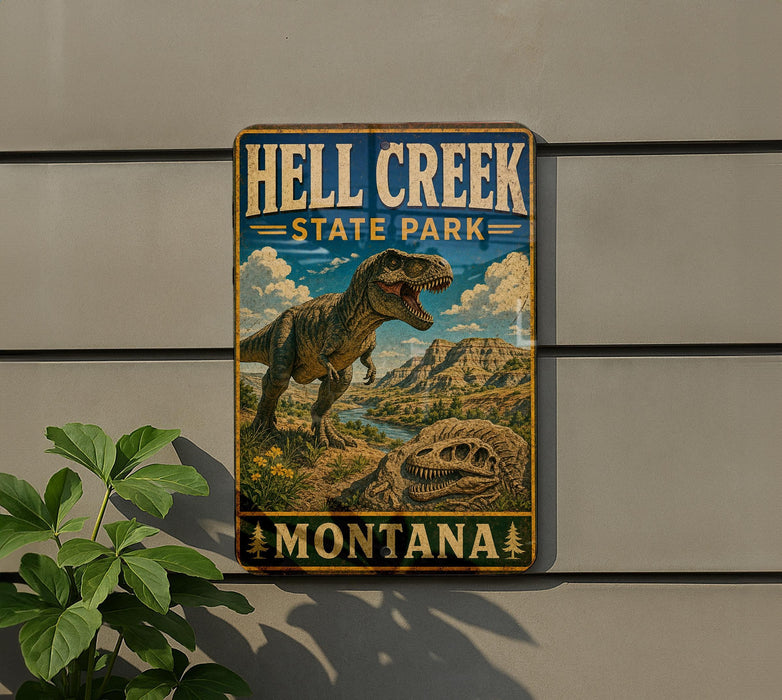A metal sign with a dinosaur illustration and the text "HELL CREEK STATE PARK MISSOURI" is displayed on a wall.