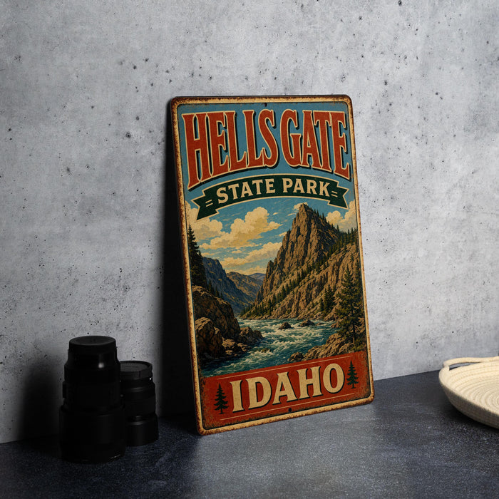 A vintage metal sign for Hells Gate State Park in Idaho, featuring a scenic mountain landscape.