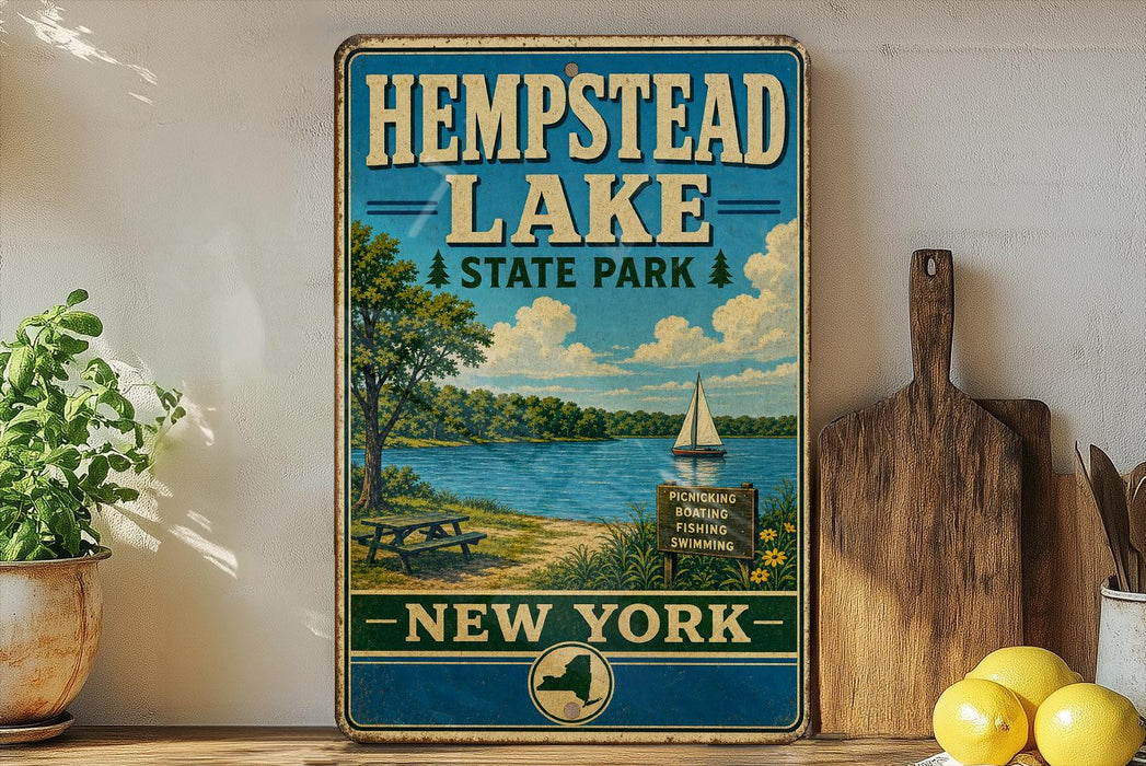 A vintage-style sign for Hempstead Lake State Park in New York, featuring a scenic illustration of the lake and surrounding landscape.