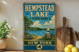 A vintage-style sign for Hempstead Lake State Park in New York, featuring a scenic illustration of the lake and surrounding landscape.