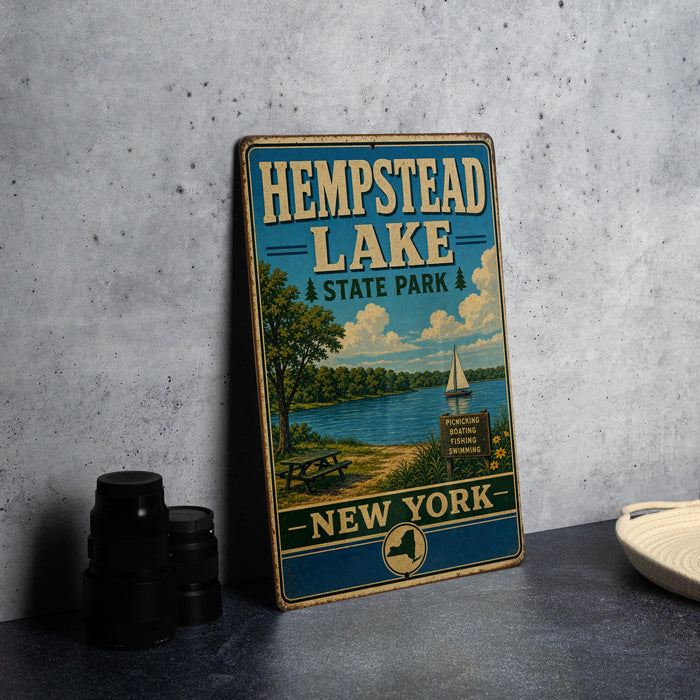A vintage-style metal sign for Hempstead Lake State Park in New York, featuring a scenic illustration of the lake and surrounding landscape.