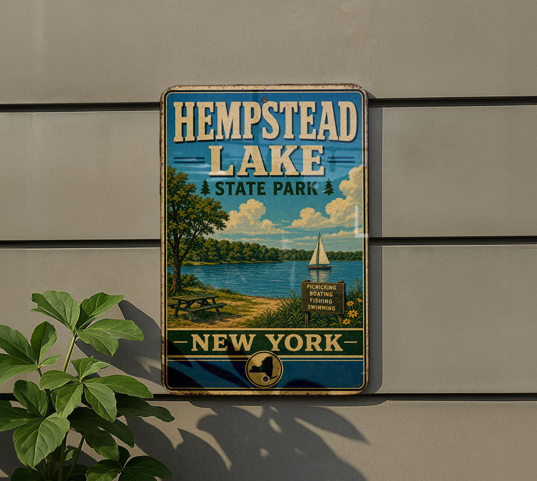 A vintage-style metal sign for Hempstead Lake State Park in New York, featuring a scenic image of the lake and surrounding landscape.
