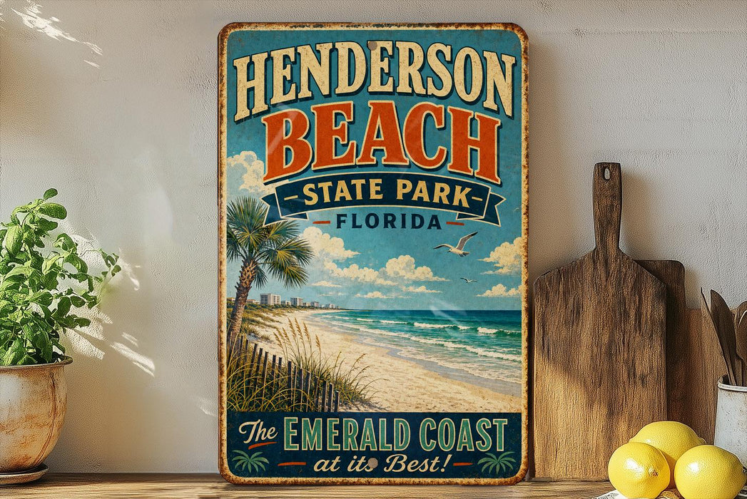 A vintage-style sign for Henderson Beach State Park in Florida, featuring a beach scene with palm trees and a clear blue sky.
