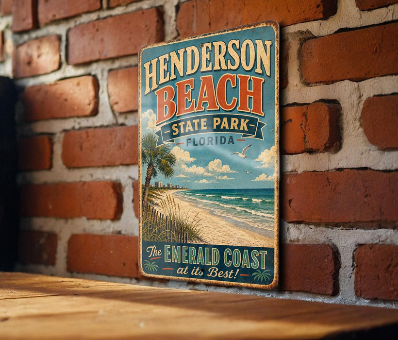 A vintage-style metal sign for Henderson Beach, Florida, featuring a beach scene with palm trees and waves.