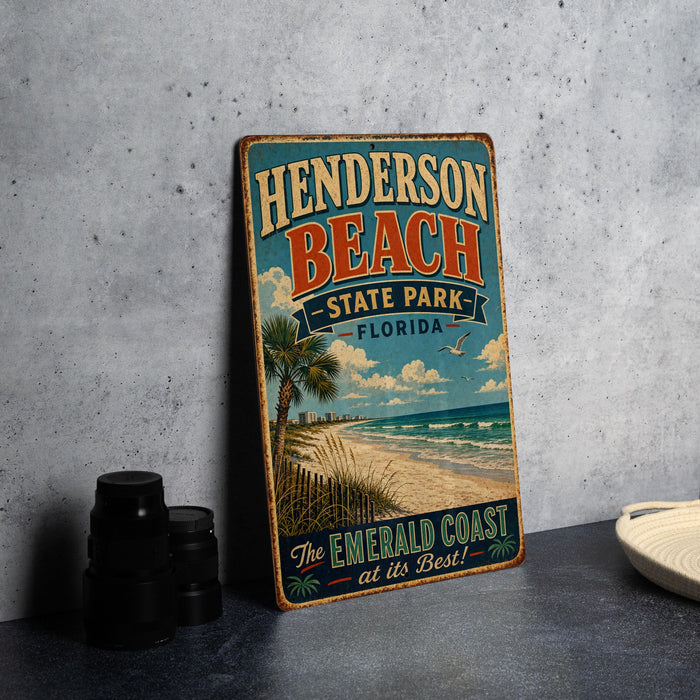 A vintage-style metal sign for Henderson Beach State Park in Florida, featuring a beach scene with palm trees and a clear blue sky.