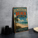 A vintage-style metal sign for Henderson Beach State Park in Florida, featuring a beach scene with palm trees and a clear blue sky.