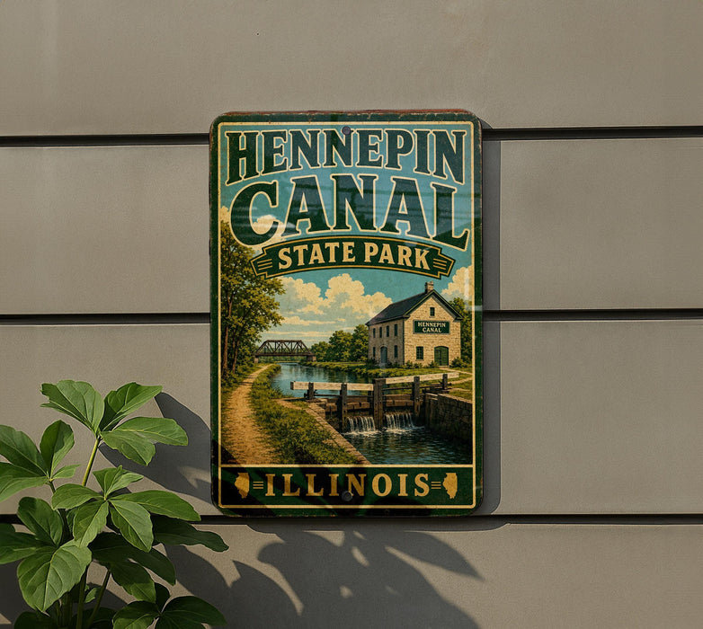 A vintage-style metal sign for Hennepin Canal State Park in Illinois, featuring a scenic illustration of a canal and a bridge.
