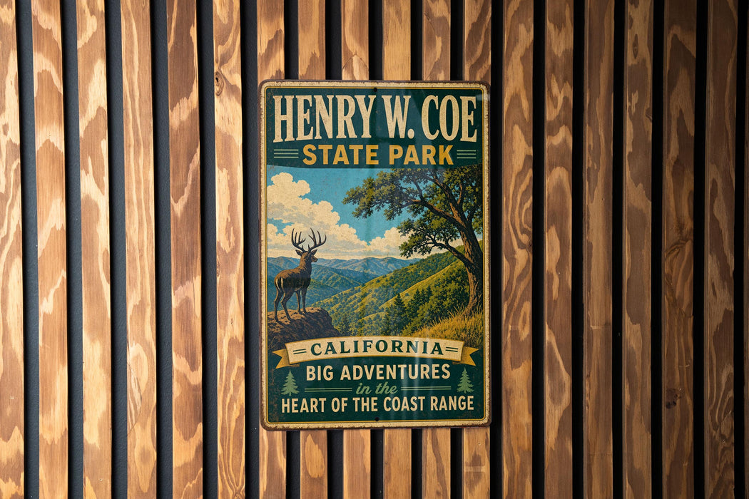A vintage-style metal sign for Henry W. Coe State Park, featuring a scenic illustration of a deer in a mountainous landscape.