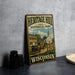 A vintage-style metal sign for Heritage Hill State Historical Park in Wisconsin, featuring an illustration of a small town with a church and a horse-drawn carriage.