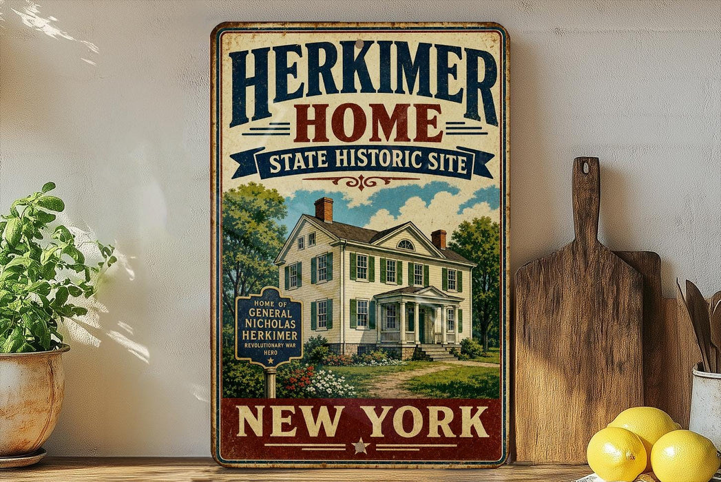 A vintage-style sign for the Herkimer Home State Historic Site in New York, featuring an illustration of a large house surrounded by trees and a blue sky.