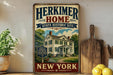 A vintage-style sign for the Herkimer Home State Historic Site in New York, featuring an illustration of a large house surrounded by trees and a blue sky.