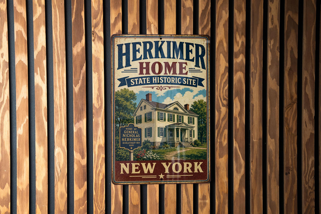 A vintage-style metal sign for the Herkimer Home State Historic Site in New York, featuring a house illustration and the text "Herkimer Home State Historic Site New York".