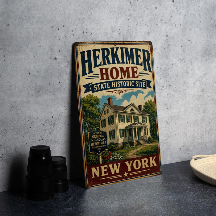 A vintage-style metal sign for Herkimer Home, a historic site in New York, featuring an illustration of a house surrounded by trees and a sign that reads "Home of General Nicholas Herkimer Revolutionary War".